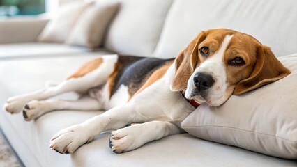 Beagle dog relaxing on sofa surrounded by cozy pillows