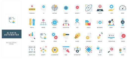 Modern flat style icons representing AI, automation, data, security, cloud, translation, and digital technology concepts for advanced artificial intelligence systems isolated vector illustration