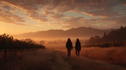 Two women walk on a dirt road at sunrise near grape vines and mountains. It can show friendship, adventure, or nature's beauty.