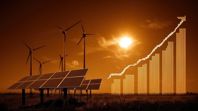 New Energy Economy Concept at Sunset: Solar Panels, Wind Turbines with Rising Bar Charts Showing Green Energy Growth Trend