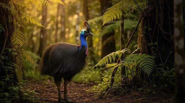 A Southern Cassowary stands on a path in a lush, sunlit rainforest. This large, flightless bird with a vibrant blue head and casque is shown in its natural tropical jungle habitat.