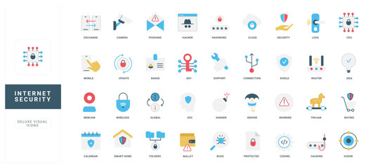 Modern flat design icons representing internet security concepts like hacking, phishing, passwords, cloud, and protection for cybersecurity awareness and digital safety vector illustration