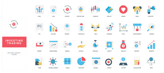 Modern flat icons for investing, trading, finance, and stock market concepts perfect for business presentations, web design, and educational materials vector illustration