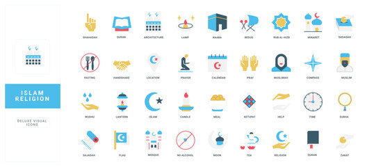 Comprehensive set of flat icons representing Islamic religion concepts, rituals, and symbols for educational, cultural, or design projects, ideal for learning and presentations vector illustration