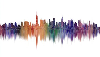 A vibrant, multicolored cityscape skyline reflected in a stylized, soundwave-like water