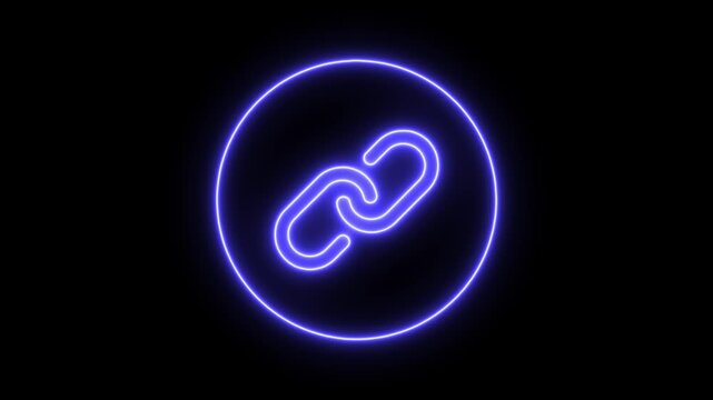 Glowing neon link icon animated on black screen background network connection