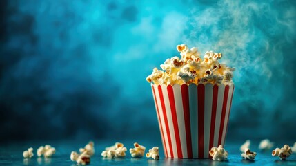 A red and white striped popcorn container with popcorn scattered around it on a blue background.