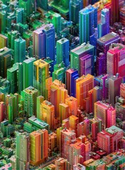 Obraz premium A vibrant, stylized cityscape rendered in a multicolored, low-polygonal style, exhibiting dense, towering structures with a bird's-eye perspective