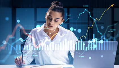 Businesswoman analyzing financial data with charts and graphs overlaid in modern digital workspace concept of market growth and investment strategy.