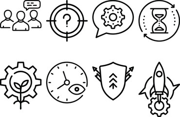 Business Strategy Icons: Teamwork, Goals, Gears, Time, Growth, Security, Launch
