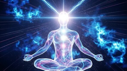 Meditating person with energy radiating. Suitable for wellness, mindfulness, spirituality, and meditationrelated concepts in design and marketing projects.