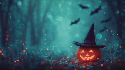 Fototapeta premium spooky halloween pumpkin with glowing carved face and witch hat in dark enchanted forest, perfect for holiday posters, party invitations, seasonal advertisements, or eerie book covers
