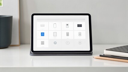 Modern tablet displaying a minimalist interface on a clean desk with stationery and a coffee cup in the background.