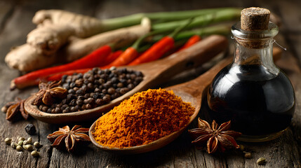 A close-up of a colorful assortment of Thai spices and condiments arranged on a wooden table, showcasing the rich flavors that define Thai cooking.