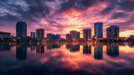 Fototapeta premium City Skyline Reflecting in Lake at Dramatic Sunset