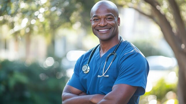 A smiling, confident male healthcare professional standing outdoors with his arms crossed.