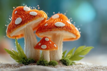 Orange spotted mushrooms with glowing particles white spots fantasy