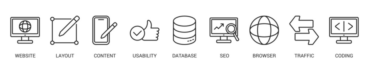 Web Design Line Icon Set For Web Banner. Vector Illustration Concept With Some Icons. Designed In Line Style
