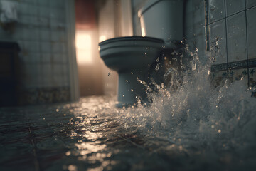 Overflowing toilet with water spilling onto bathroom floor, plumbing emergency, clogged toilet in modern tiled bathroom