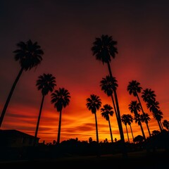 Obraz premium Silhouettes of tall palm trees against a vibrant orange and red sunset sky, creating a tropical landscape.