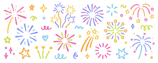 Chalk pencil fireworks, sparkling stars doodle set. Kids crayon color firecracker, confetti, sunburst, explosion in sketch style. Grunge texture. Hand drawn illustration isolated on white background