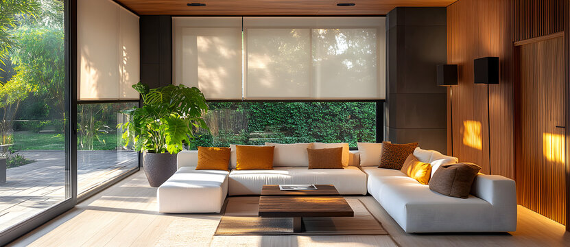 Modern interior design featuring automated double blackout roller blinds and electric sunscreen curtains with wood wall paneling for a sleek, functional space.