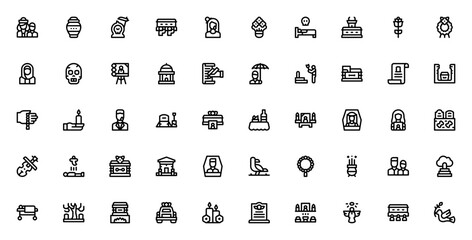 Funeral icon set. Minimal vector symbols collection. Includes urn, coffin, grave, widow, candle, chapel, wreath, skull and more. Mourning and memorial editable graphics.