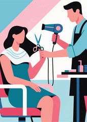 geometric woman getting her hair cut at the salon Illustrator Artwork design template poster