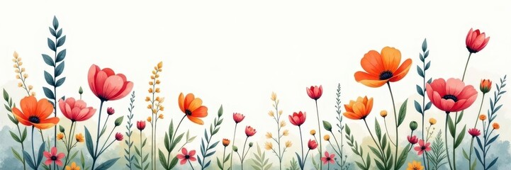 Loose hand-drawn style wildflowers, soft watercolor background, nature inspired , field, pretty, soft