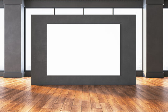 Blank white billboard mockup inside modern gallery room with wooden floor and large windows for art exhibition or advertising presentation template. 3D Rendering