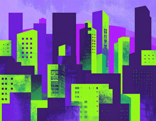Naklejka premium Bold Risograph graphic of abstract city skyline with exaggerated architectural shapes, vibrant color gradients from purple to neon green image