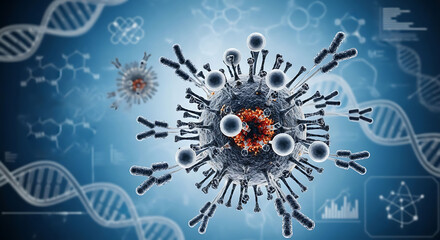 A vibrant illustration of a virus with antibodies, DNA strands, and scientific data, on a blue background.