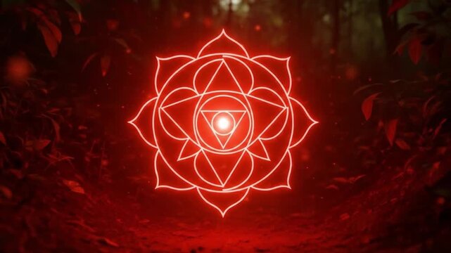 Root chakra symbol in red, glowing amidst dark forest background. Ideal for holistic healing, meditation, energy healing content. Vibrant and captivating.