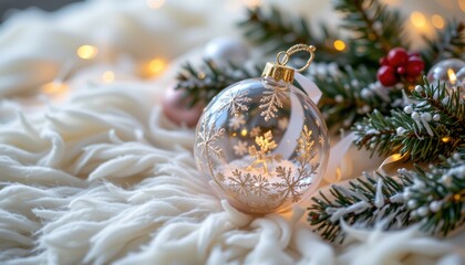 crystal ornament mockup on white fur, january decor, no people, no text, no logo