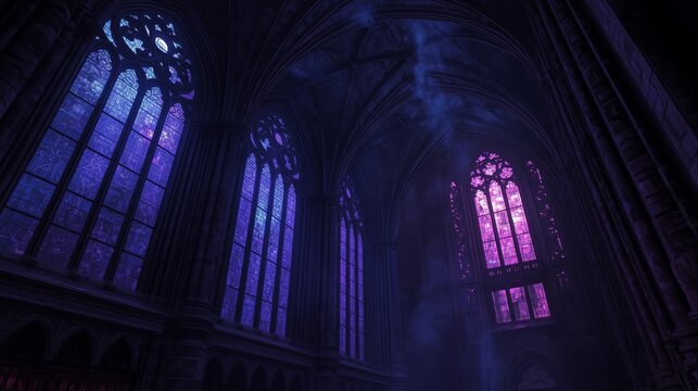 High-quality image of gothic cathedral interior with stained glass windows illuminated by purple and pink light