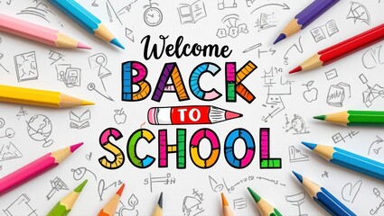 Colorful welcome back to school with pencils and drawings