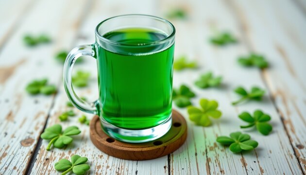 glass mug with green drink on coaster, st. patrick's theme, no people, no text, no logo