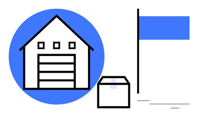 Warehouse with large garage door, shipping box, and flag signifying logistics, storage, delivery, distribution, shipping, inventory management and commercial space. Simple flat metaphor