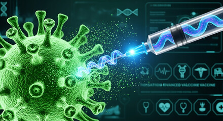 A conceptual illustration depicting a syringe injecting a virus particle with a blue energy beam.