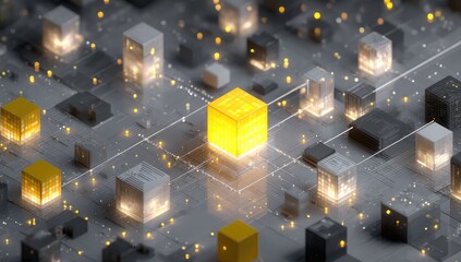 Glowing yellow cube at the center of a network of interconnected grey and yellow blocks on a circuit board-like surface