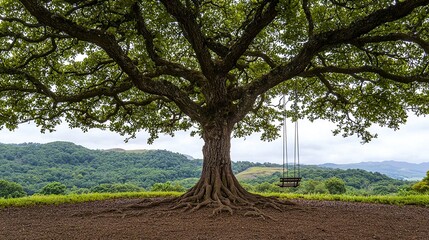 Obraz premium A swing under a grand old oak tree, with its roots visible, emphasizing natural beauty and age.