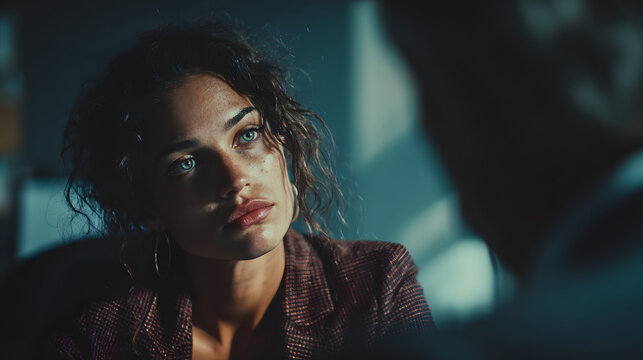 Distressed businesswoman in modern office, facing potential conflict with blurred man in background.