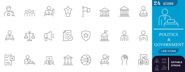 Minimal line icons set for politics and government featuring leaders, parliament, election, justice, protest, and law symbols. Perfect for civic, legal, and campaign projects.