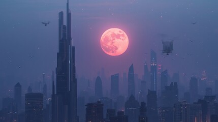 Fototapeta premium High-quality image of futuristic cityscape with a large red moon and flying vehicles at dusk