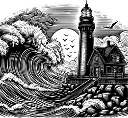 Fototapeta premium Black and white vector of an old lighthouse on rocky shore with dramatic waves in line art style
