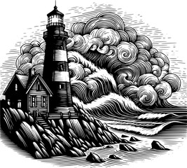 Fototapeta premium Black and white vector of an old lighthouse on rocky shore with dramatic waves in line art style