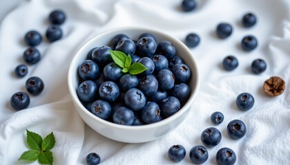 fresh blueberries on white linen, spring snack, no people, no text, no logo