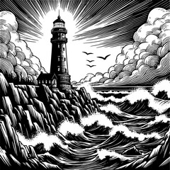 Fototapeta premium Black and white vector of an old lighthouse on rocky shore with dramatic waves in line art style
