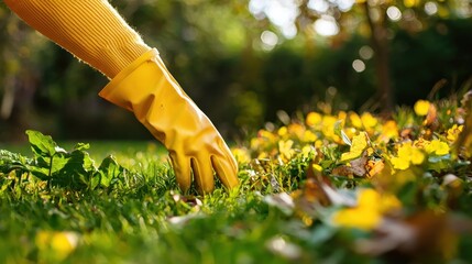 A hand wearing a yellow glove is gently touching a patch of grass with yellow flowers in a garden, surrounded by green leaves