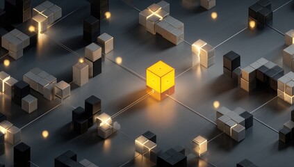 Glowing yellow cube amidst a scattered field of dark and light gray cubes on a dark grid;  small glowing points accentuate the scene